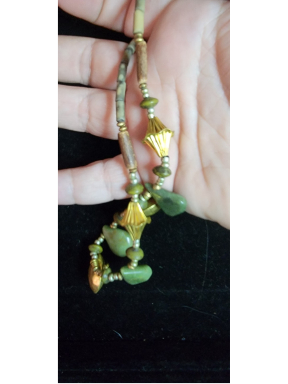 Boho Green Stone Necklace Gold Bead Dangle Statement Artisan Style Chunky Neckla - Picture 9 of 11